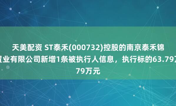 天美配资 ST泰禾(000732)控股的南京泰禾锦鸿置业有限公司新增1条被执行人信息,执行标的63.79万元